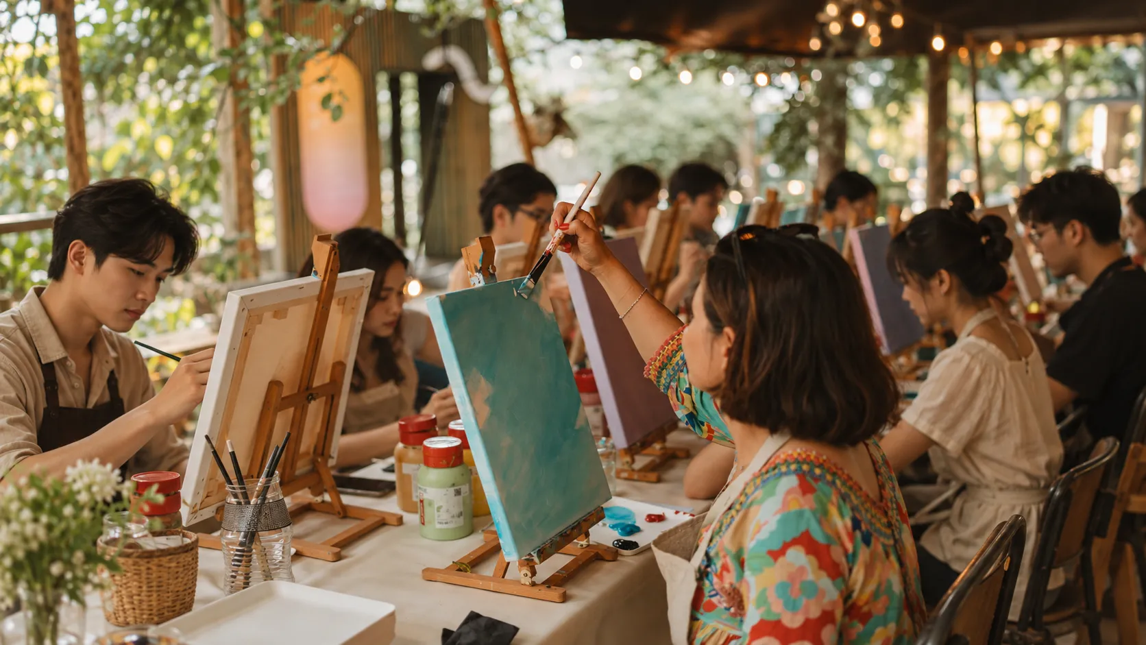 Participants painting canvases at an outdoor SlotBetter art workshop